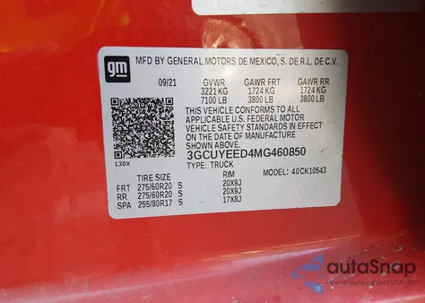 2021 Chevrolet Silverado 1500 4Wd Short Bed Rst из США, поврежденный, VIN 3GCUYEED4MG460850